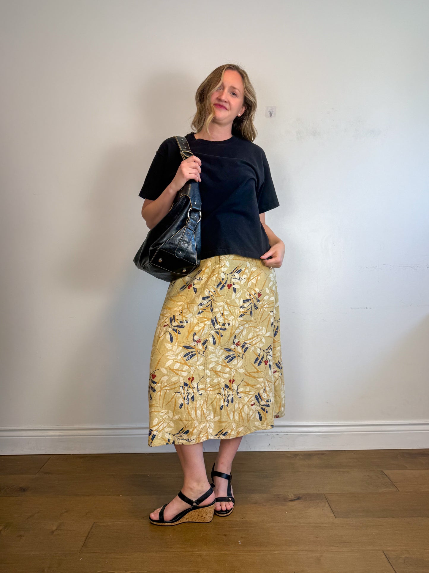 Vintage Liz Linen Floral Midi Skirt (Size L)