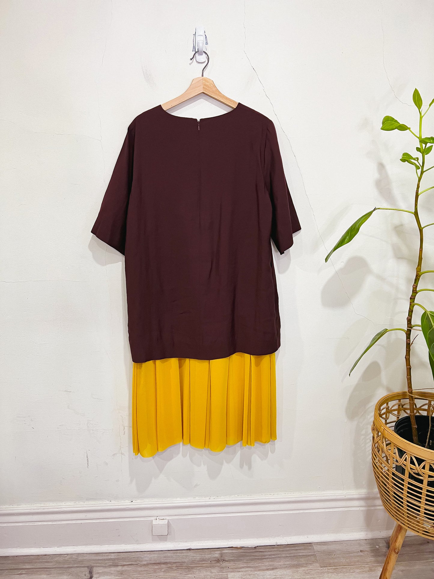 COS Maroon Oversized Dress with Yellow Chiffon Panel (Size L)