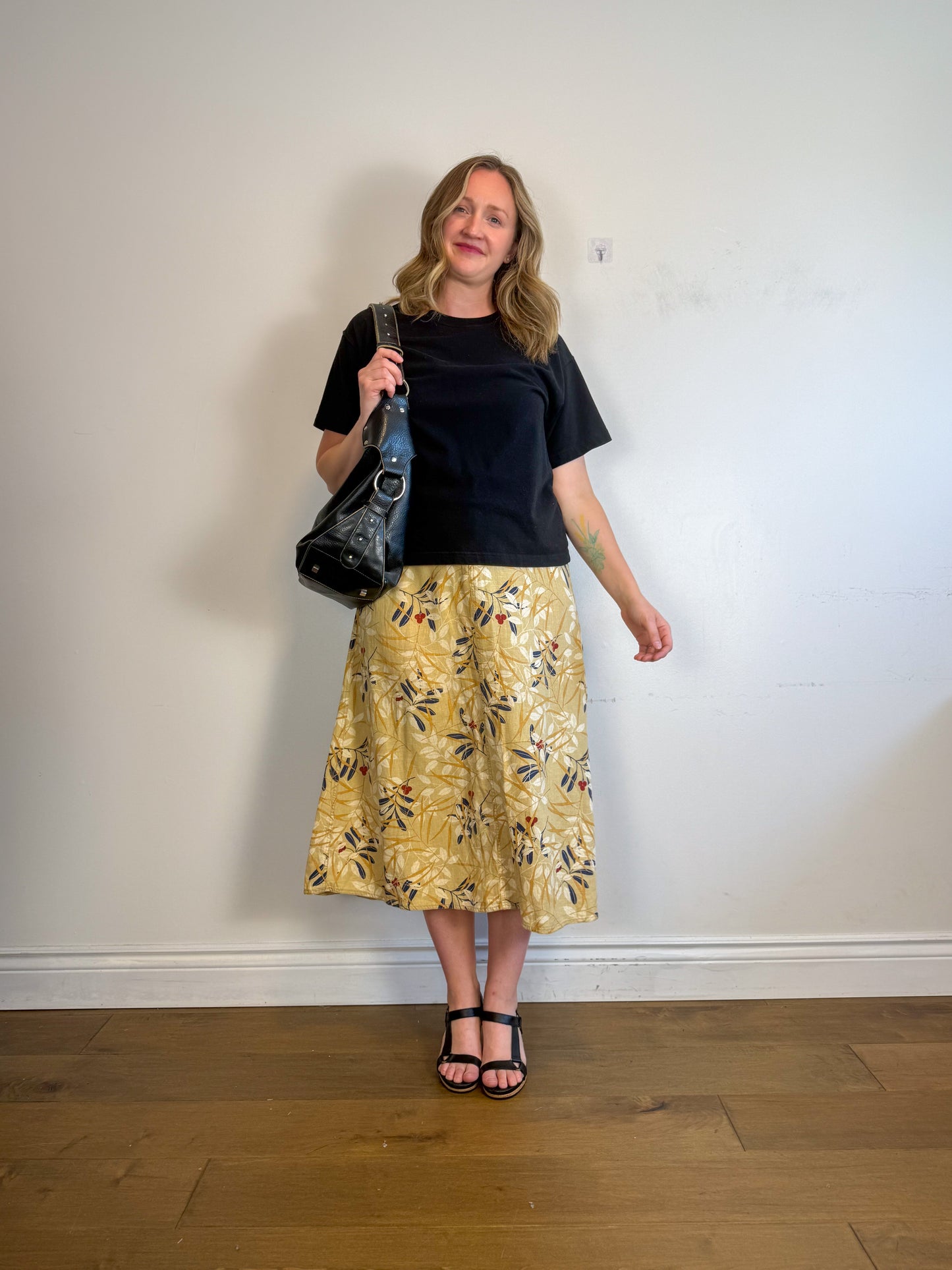 Vintage Liz Linen Floral Midi Skirt (Size L)