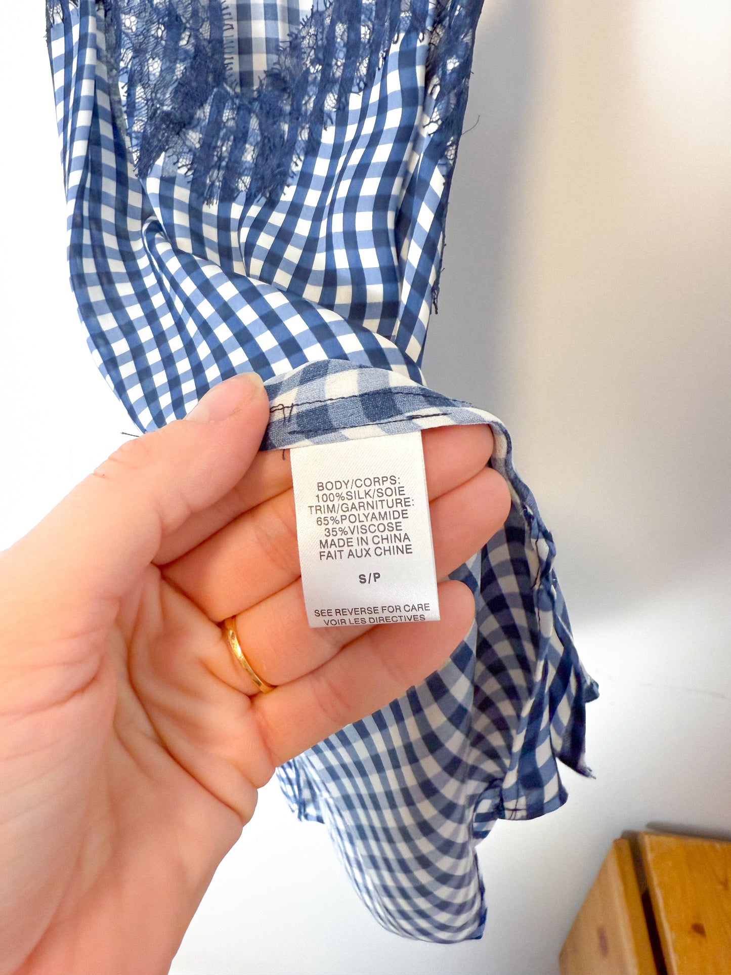 CAMI NYC "Racer Charmeuse Silk Camisole in Blue/White Check" (Size S)