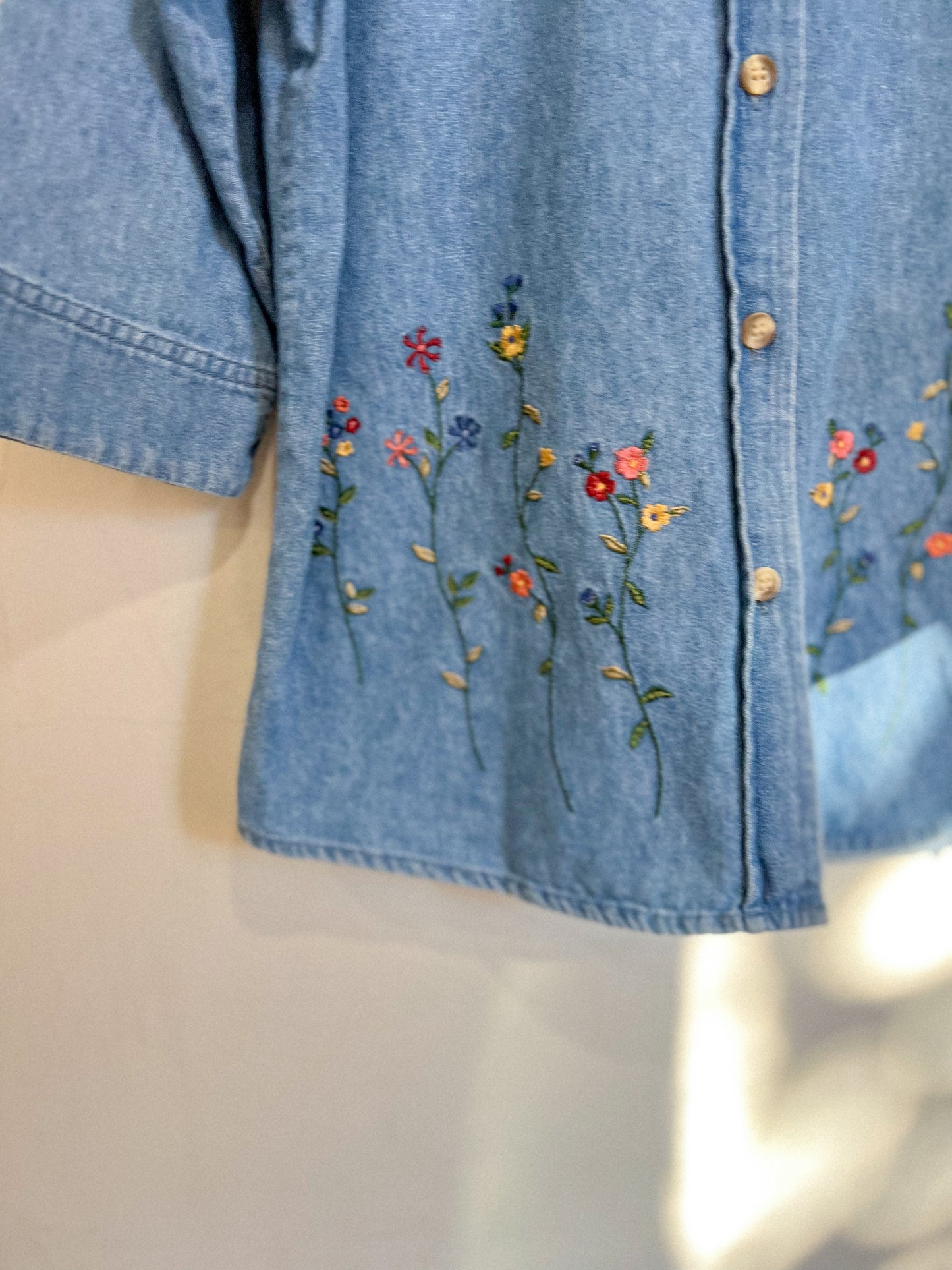 Vintage Denim Blouse with Floral Embroidery (Size S)