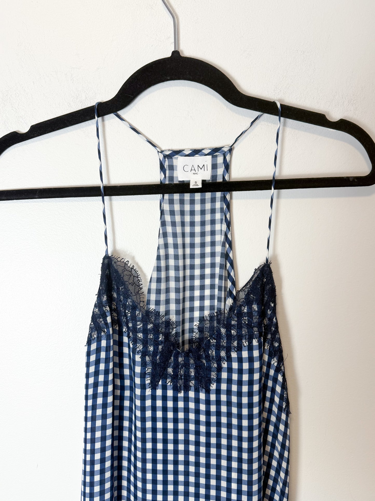 CAMI NYC "Racer Charmeuse Silk Camisole in Blue/White Check" (Size S)