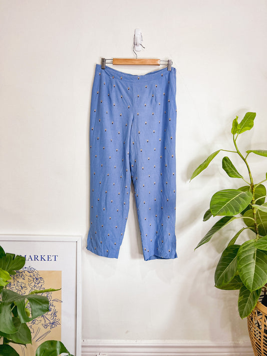 Vintage Blue Embroidered Silk & Linen Trousers (Size M/L)