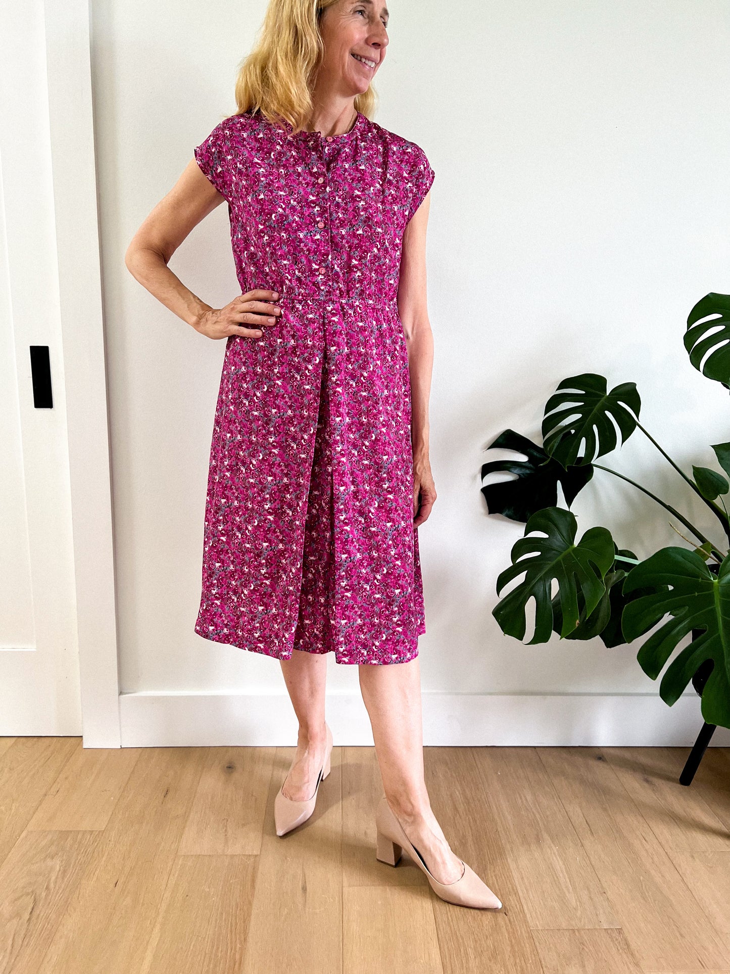 Vintage Pink Floral Midi Dress (Size M)