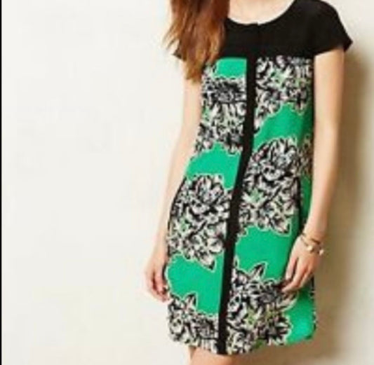Anthropologie Green Floral Silk Dress (Size 4)