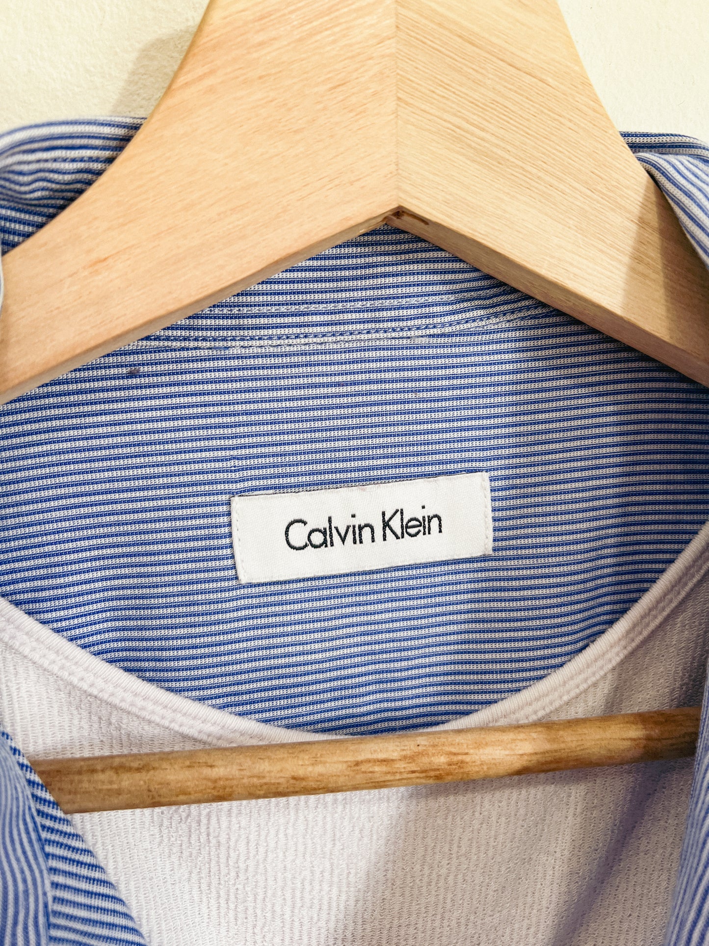 Calvin Klein Blue & White Pinstriped Button Down (Size L)