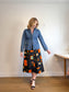 Vintage Abstract Floral Print Midi Skirt in Black/Orange (Size M)