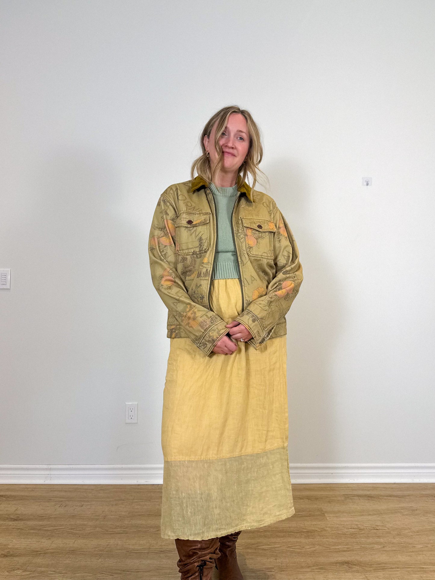 FLAX Linen Midi Skirt in Butter Yellow (Size L)