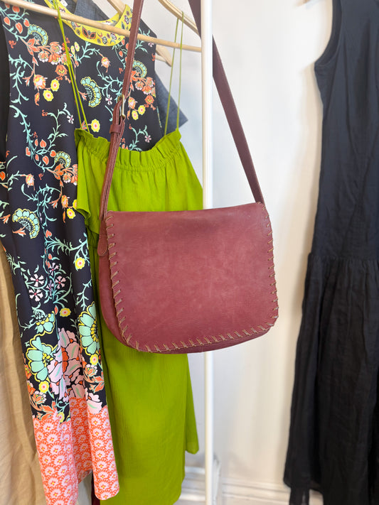 Vintage Roots Leather Crossbody Bag in Burgundy with Saddle Stitch