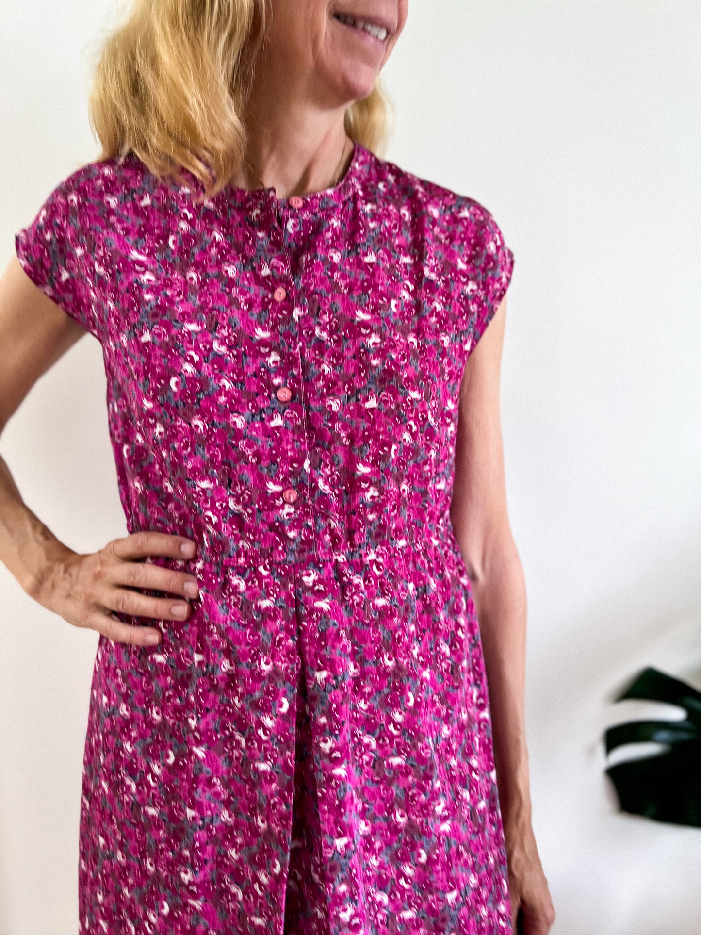 Vintage Pink Floral Midi Dress (Size M)