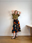Vintage Abstract Floral Print Midi Skirt in Black/Orange (Size M)