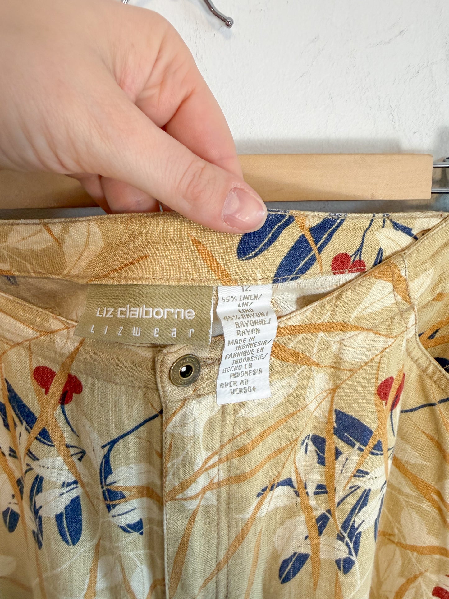 Vintage Liz Linen Floral Midi Skirt (Size L)