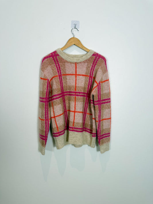 TILLEY "Plaid Mohair Sweater in Pink/Brown/Cream" (Size S/M)