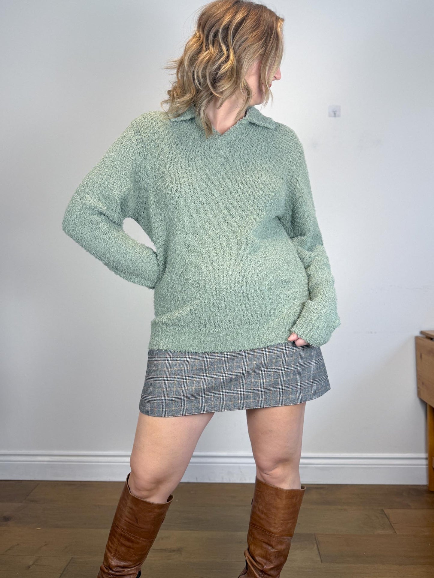 Sezane OCTOBRE Editions Fuzzy Collared Knit in Sea Green (Size L)