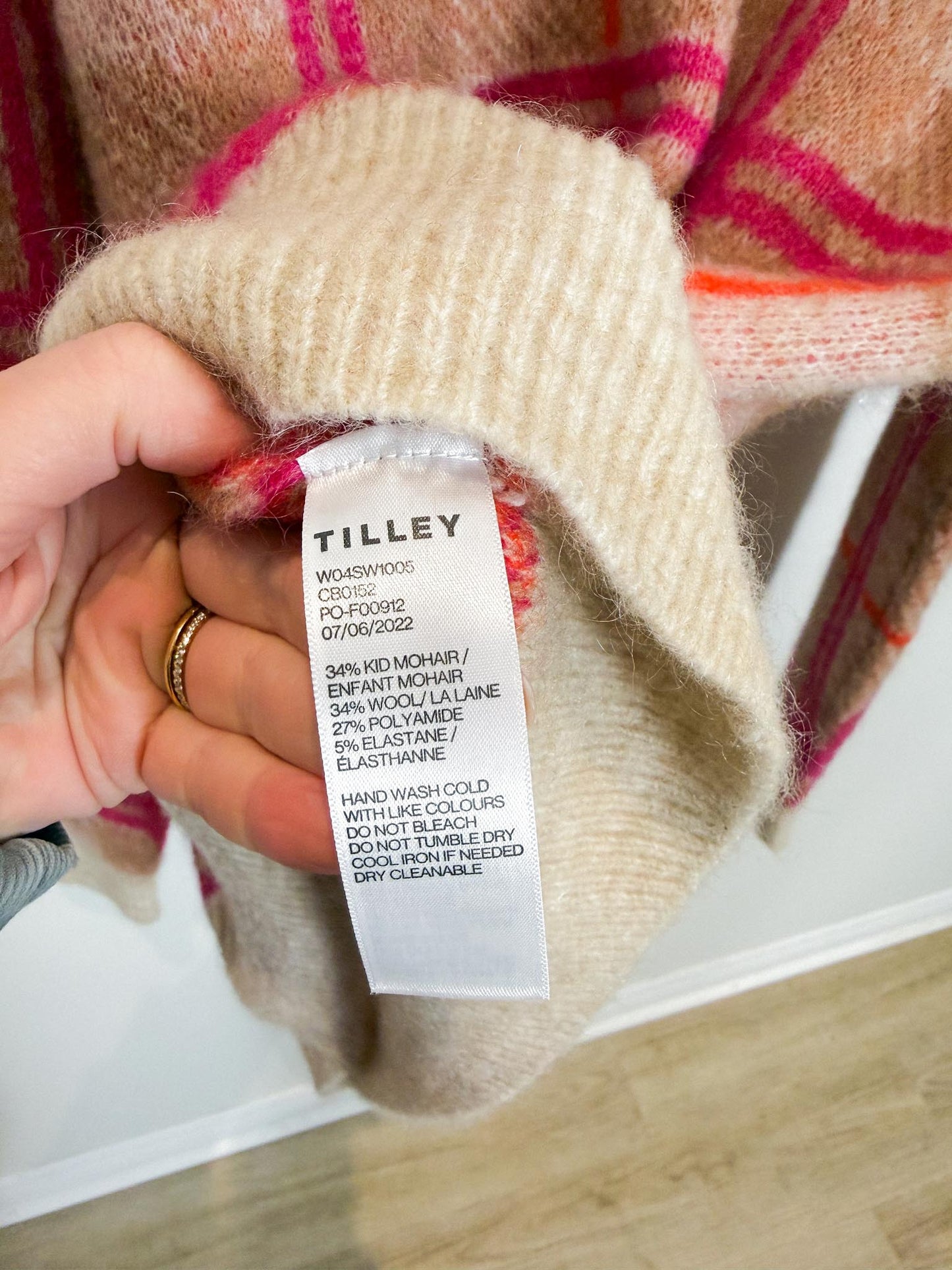 TILLEY "Plaid Mohair Sweater in Pink/Brown/Cream" (Size S/M)