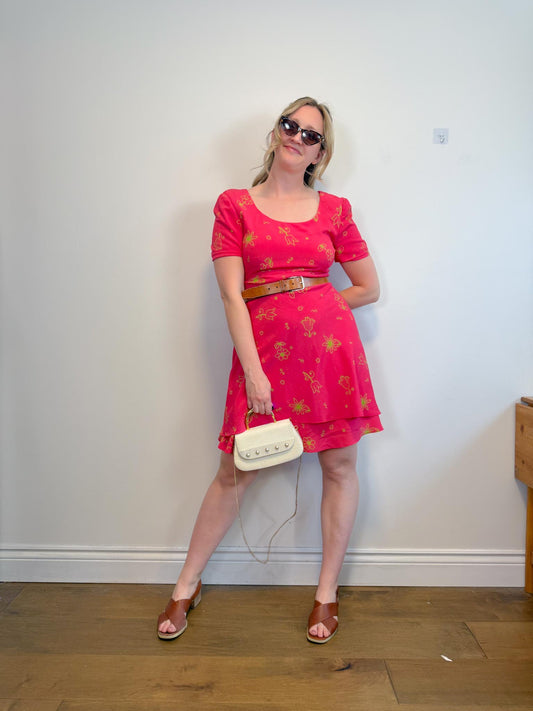 Vintage Maggy London Summer Dress in Hot Pink/Green Floral (Size L)