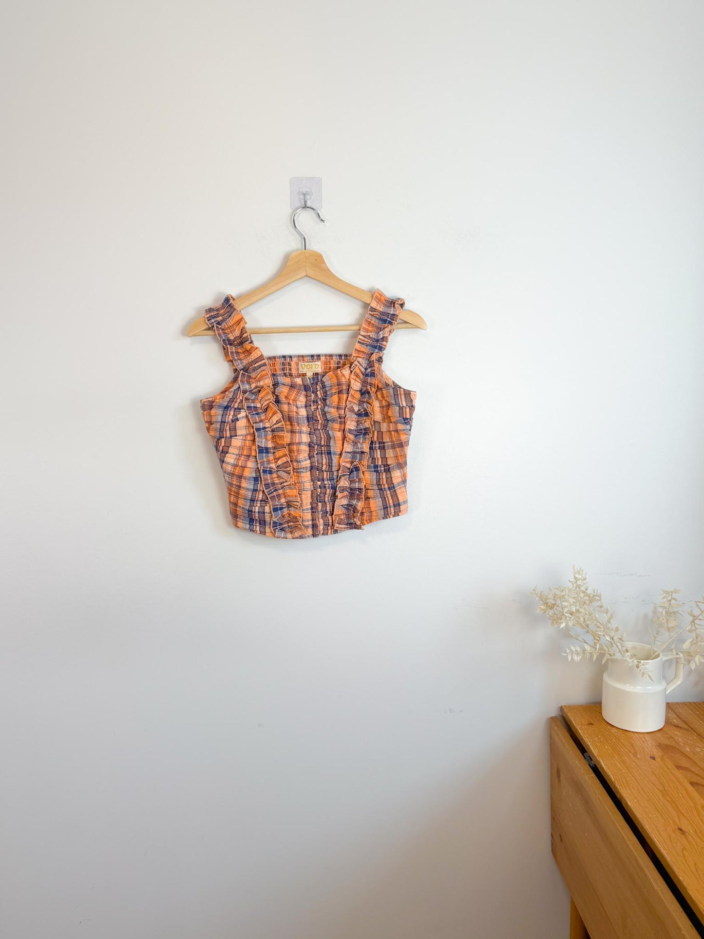 Anthropologie "Verb Ruffled Plaid Tank in Orange/Navy" NWT (Size XS-M)