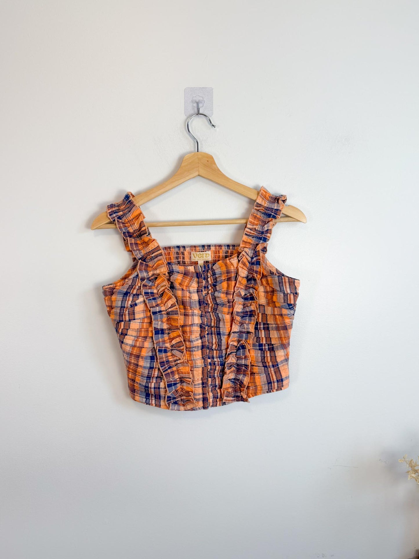 Anthropologie "Verb Ruffled Plaid Tank in Orange/Navy" NWT (Size XS-M)