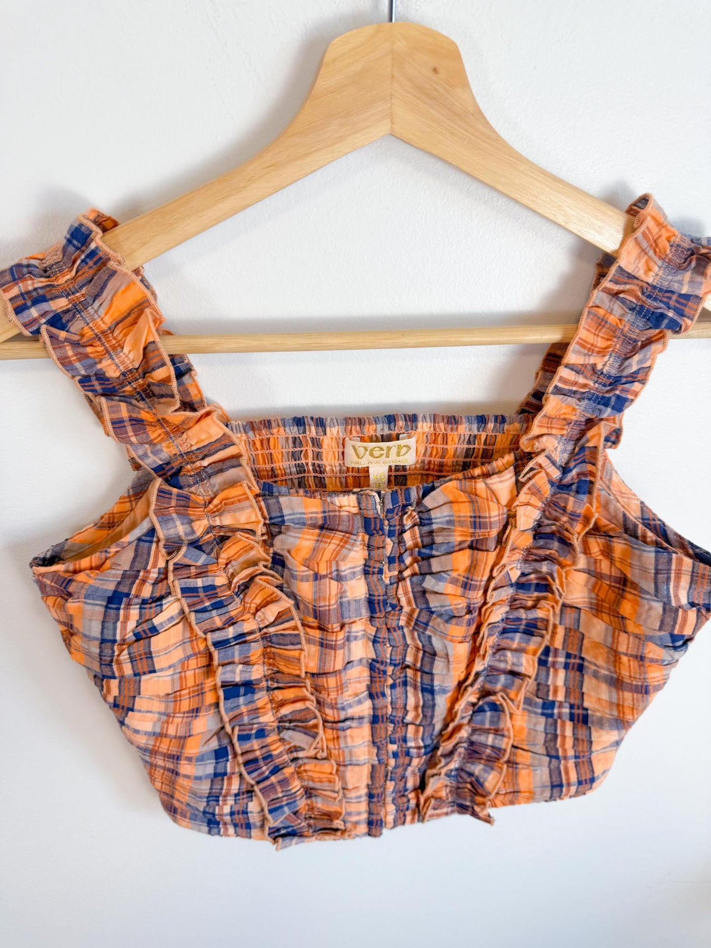 Anthropologie "Verb Ruffled Plaid Tank in Orange/Navy" NWT (Size XS-M)