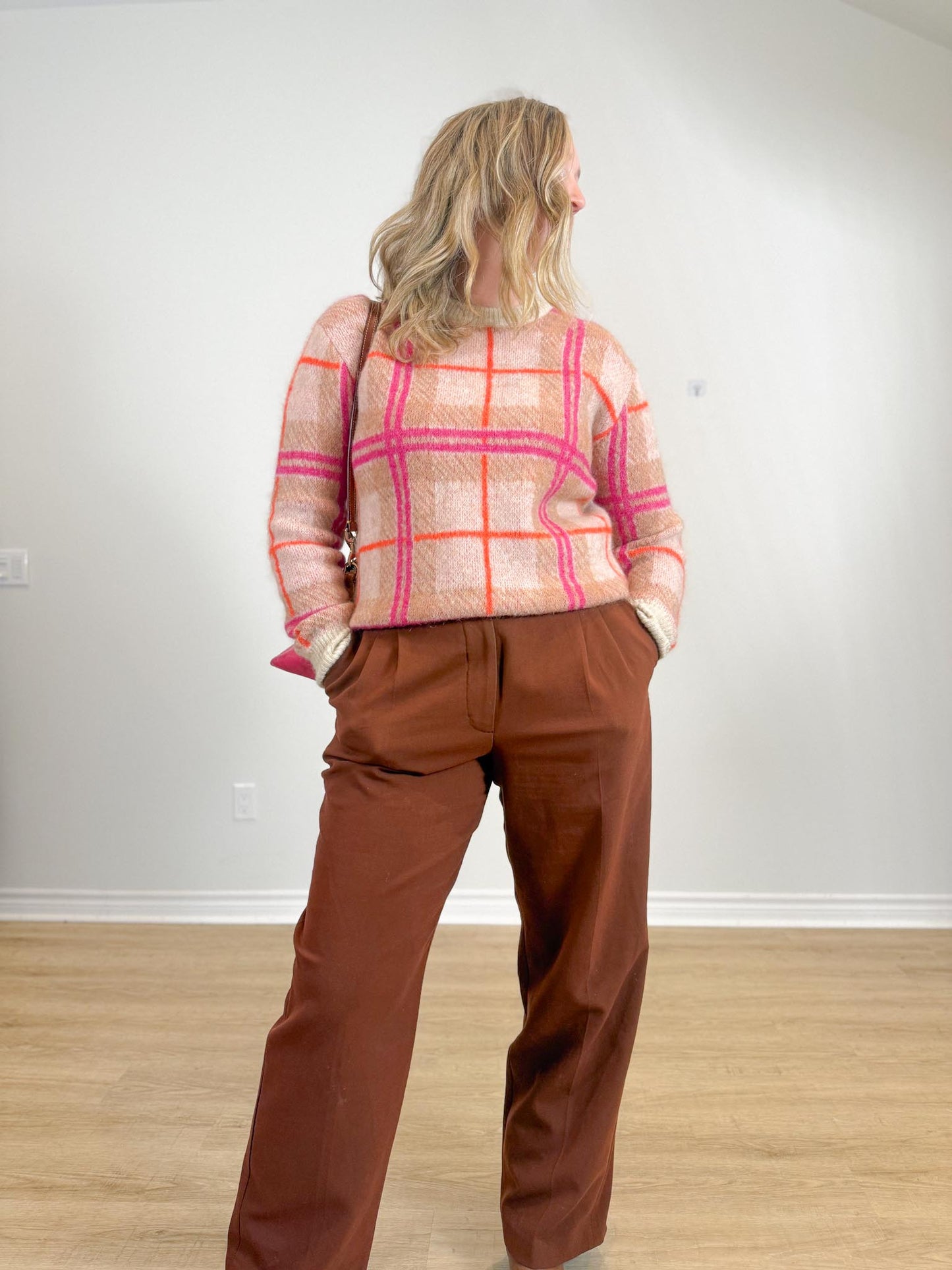 TILLEY "Plaid Mohair Sweater in Pink/Brown/Cream" (Size S/M)