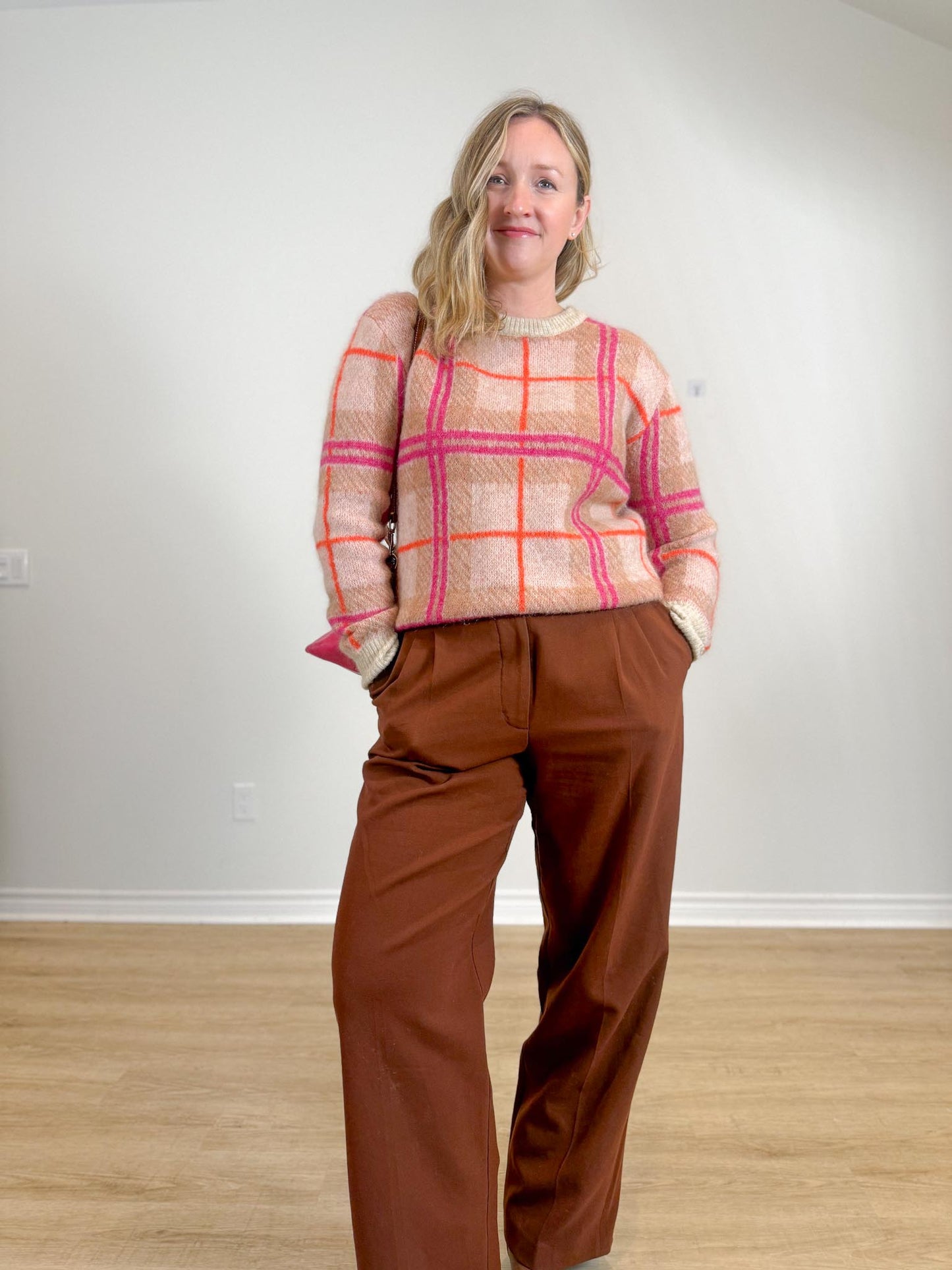 TILLEY "Plaid Mohair Sweater in Pink/Brown/Cream" (Size S/M)