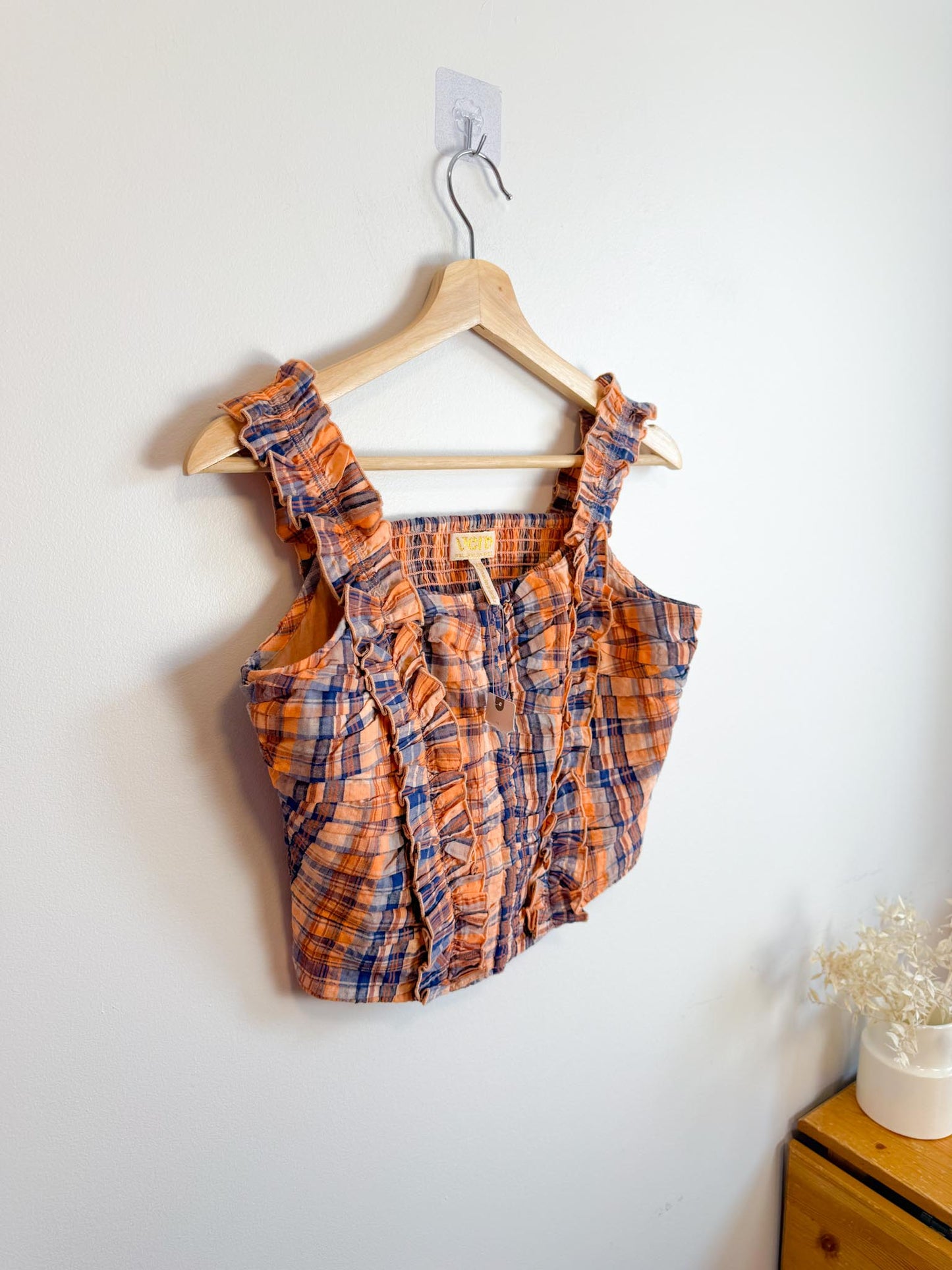 Anthropologie "Verb Ruffled Plaid Tank in Orange/Navy" NWT (Size XS-M)