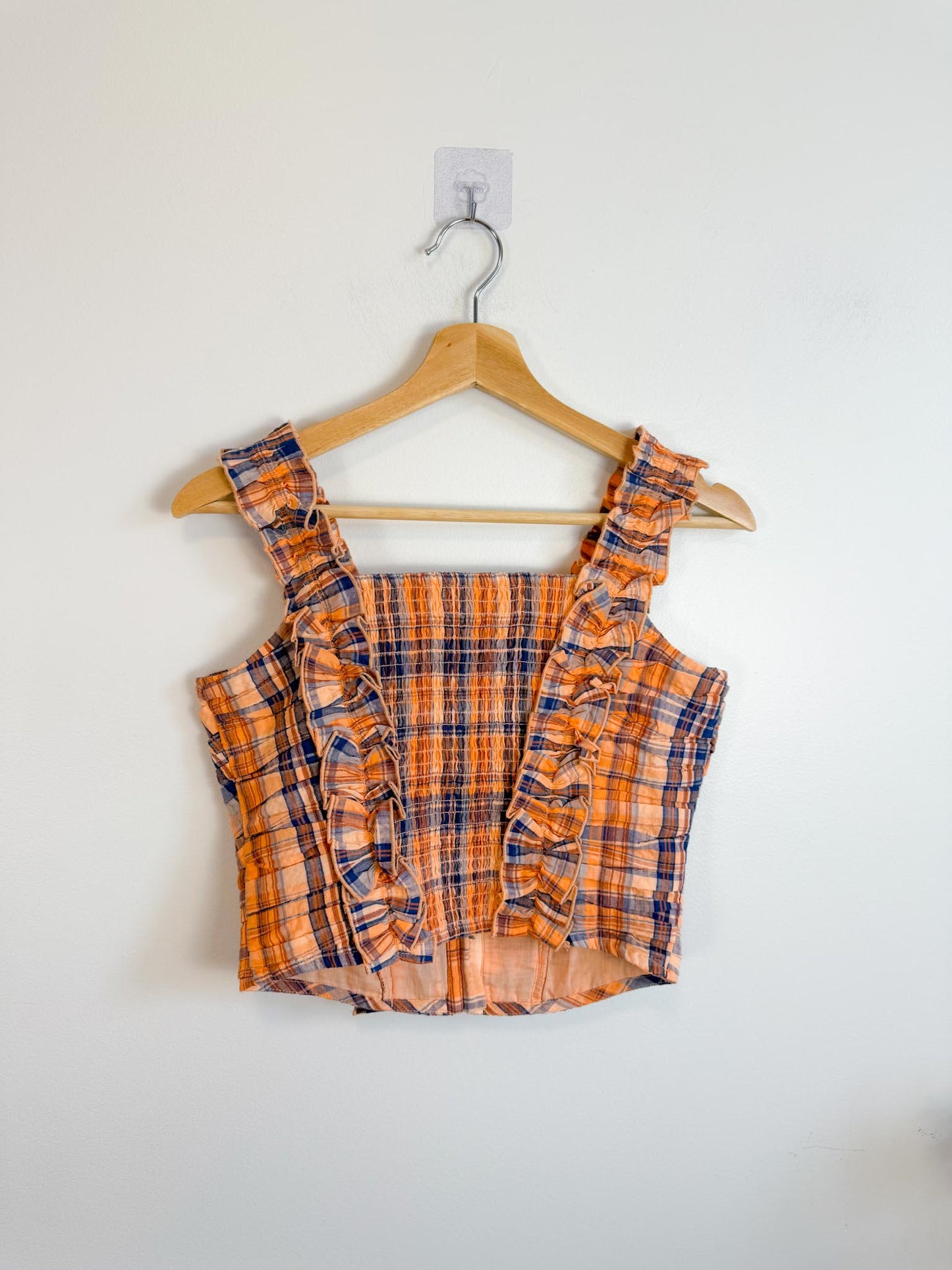 Anthropologie "Verb Ruffled Plaid Tank in Orange/Navy" NWT (Size XS-M)
