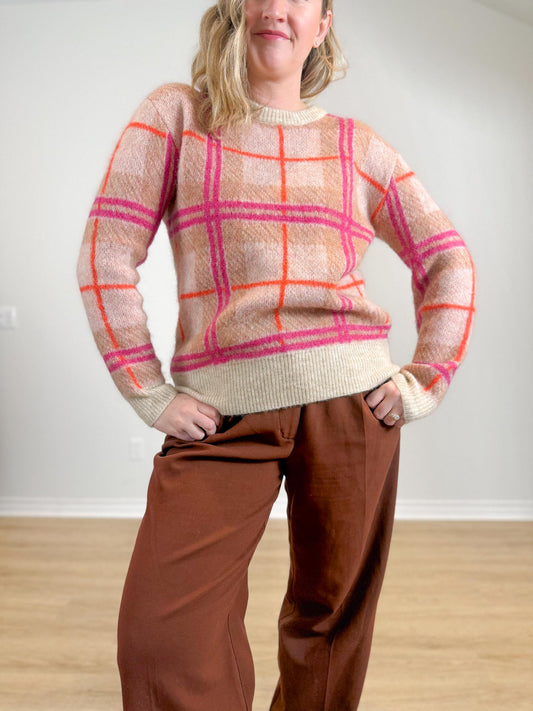 TILLEY "Plaid Mohair Sweater in Pink/Brown/Cream" (Size S/M)