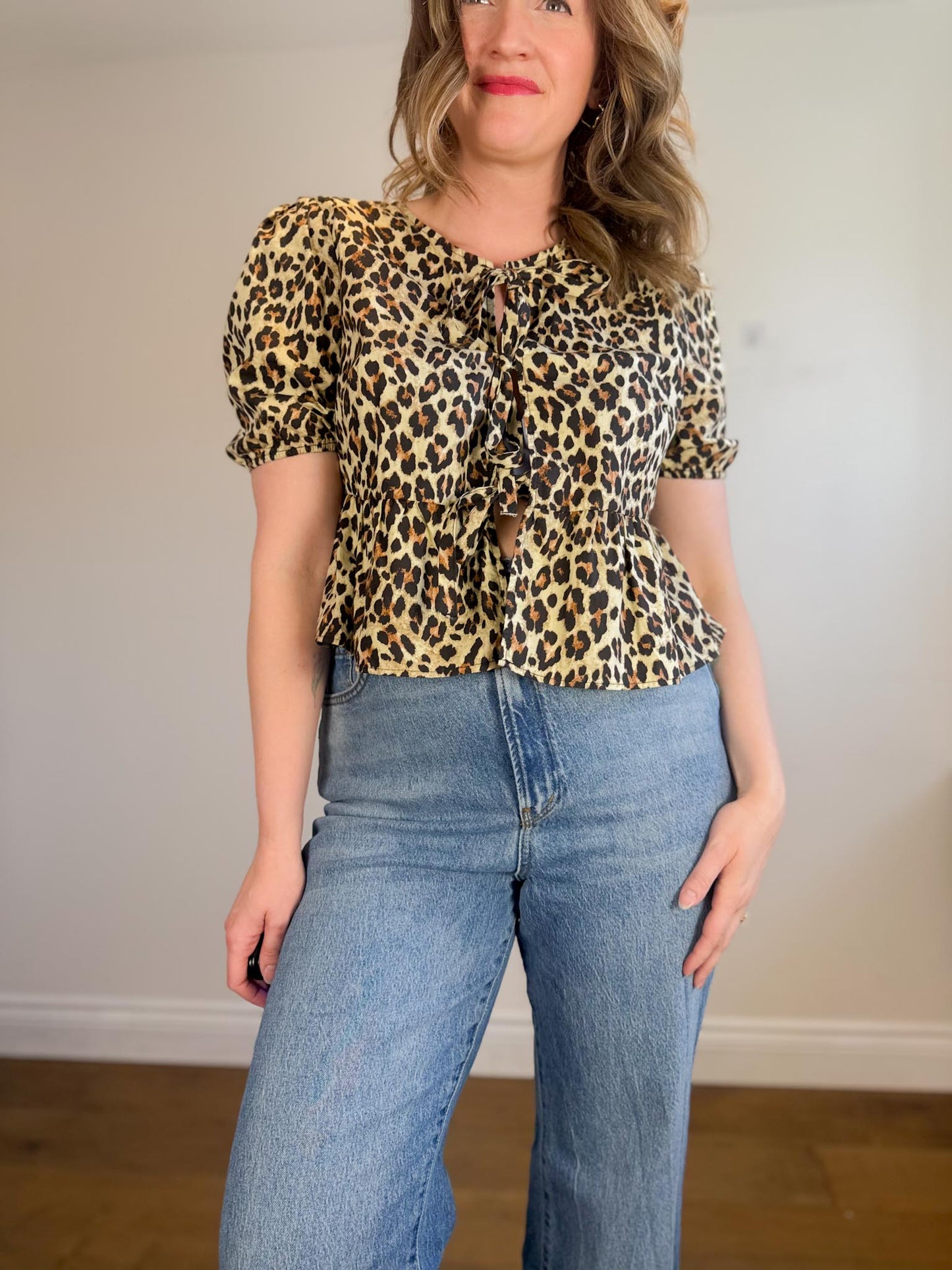 Tie Front Leopard Print Blouse (Size M/L)