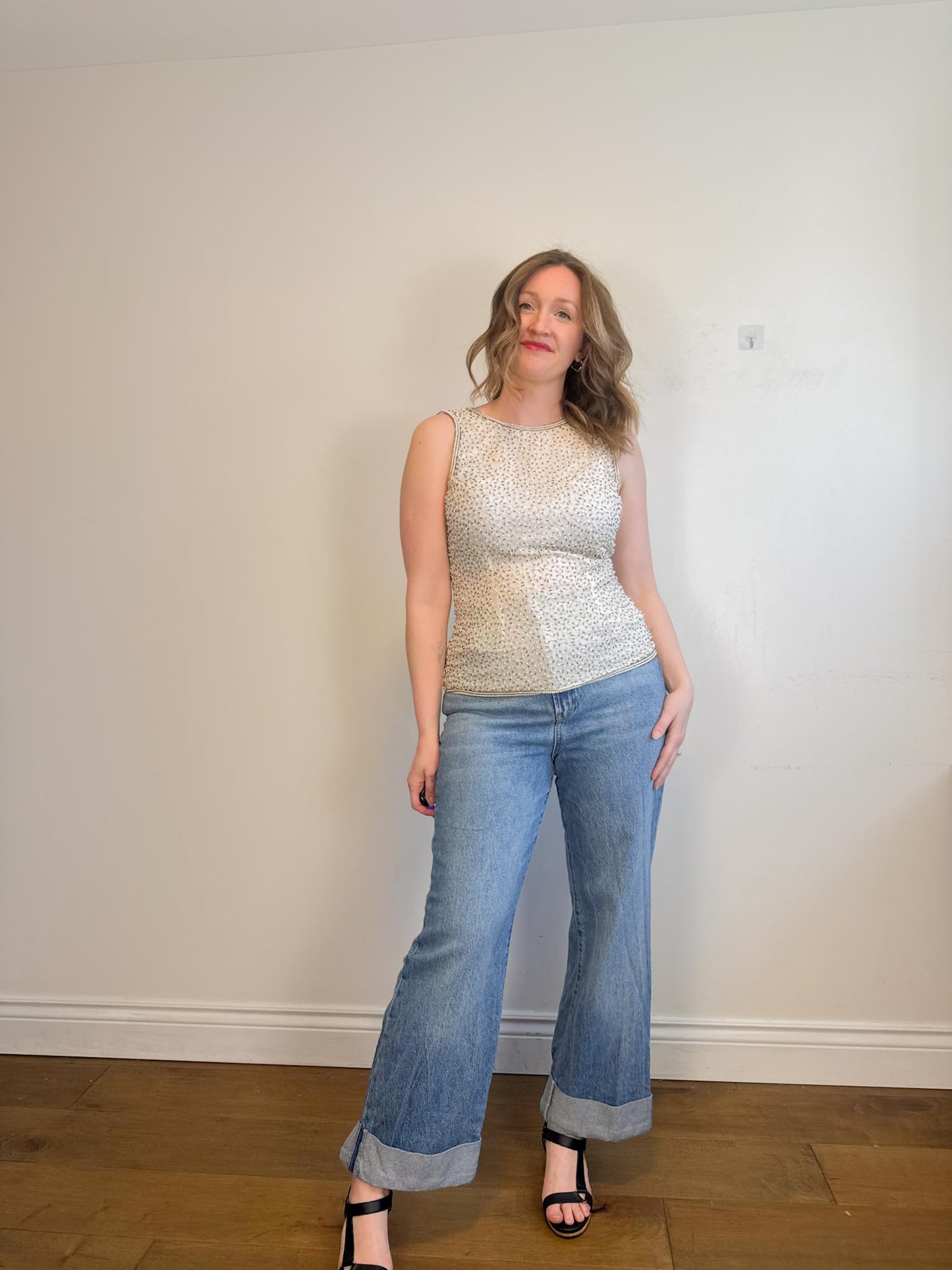 Vintage 90s Laurence Kagan Silk Bejeweled Sleeveless Top (Size M/L)