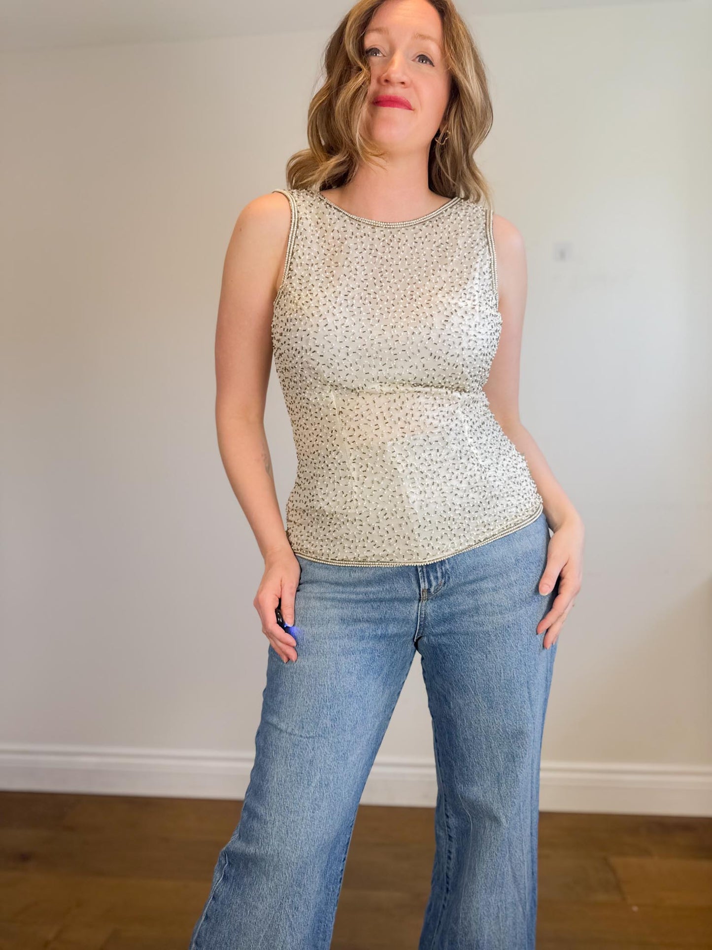 Vintage 90s Laurence Kagan Silk Bejeweled Sleeveless Top (Size M/L)