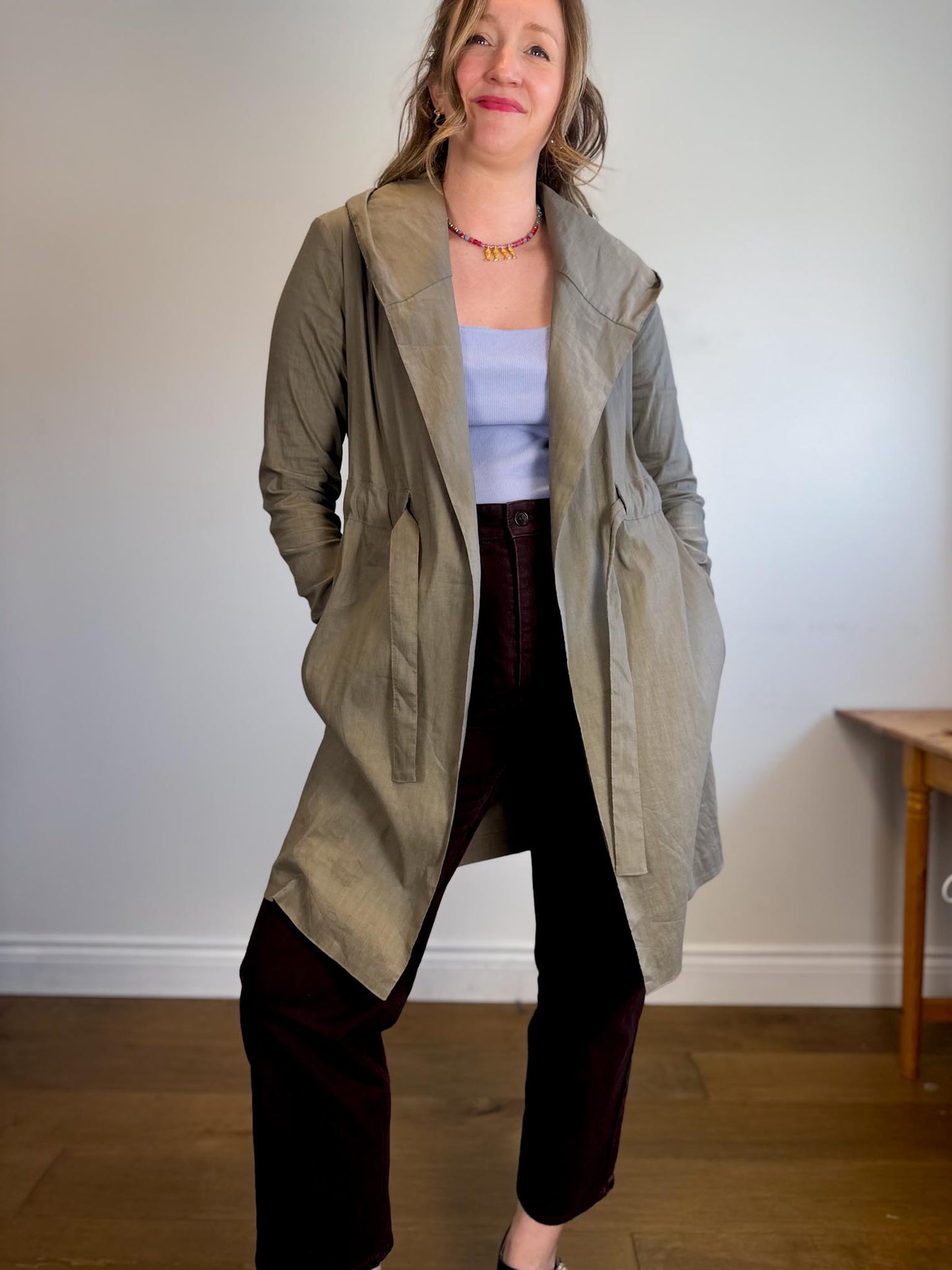 Sarah Pacini Designer Hooded Linen Trench Coat in Grey (Size S/M)
