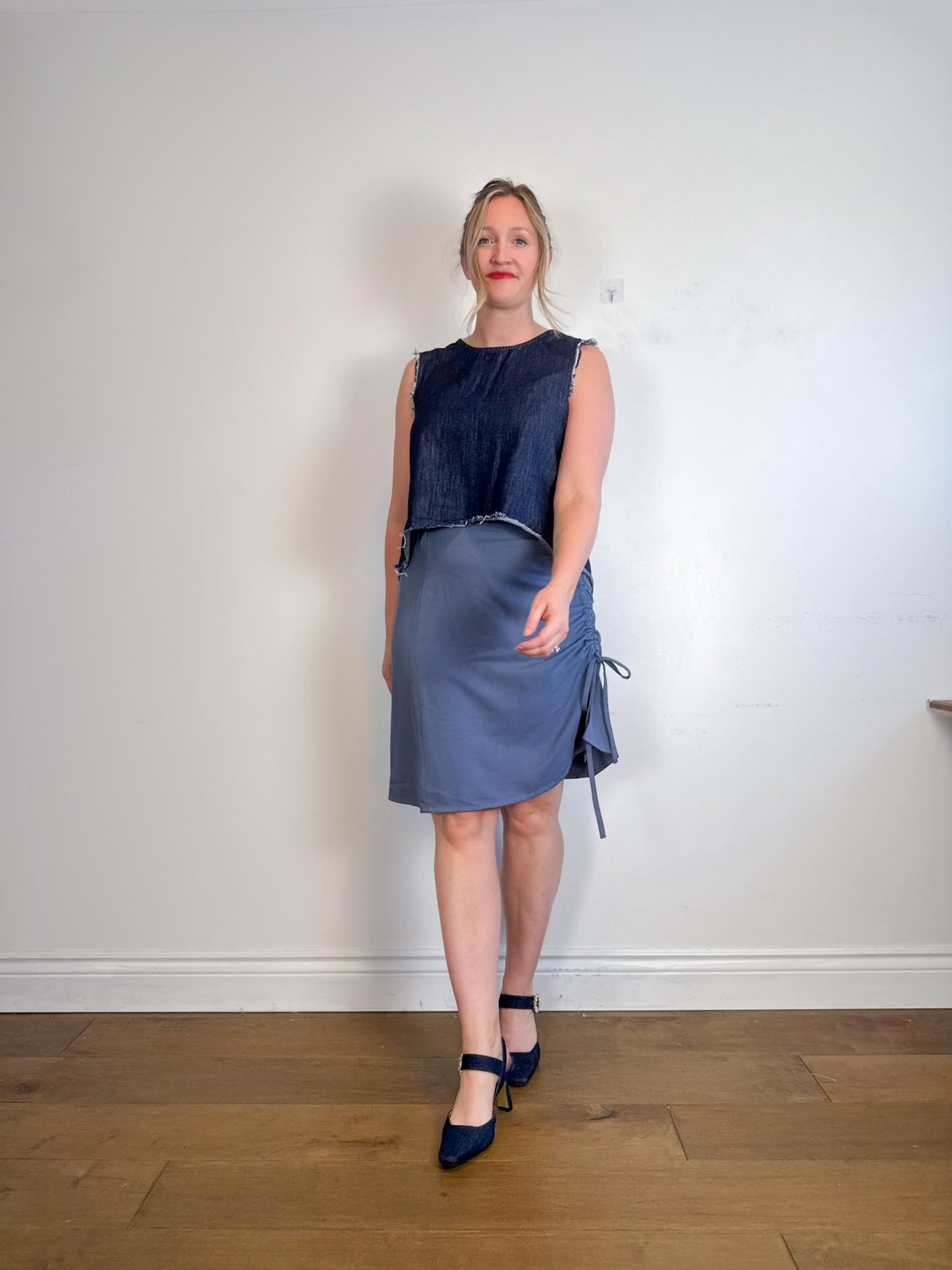 Oak + Fort Ruched Skirt in Blue (Size L)