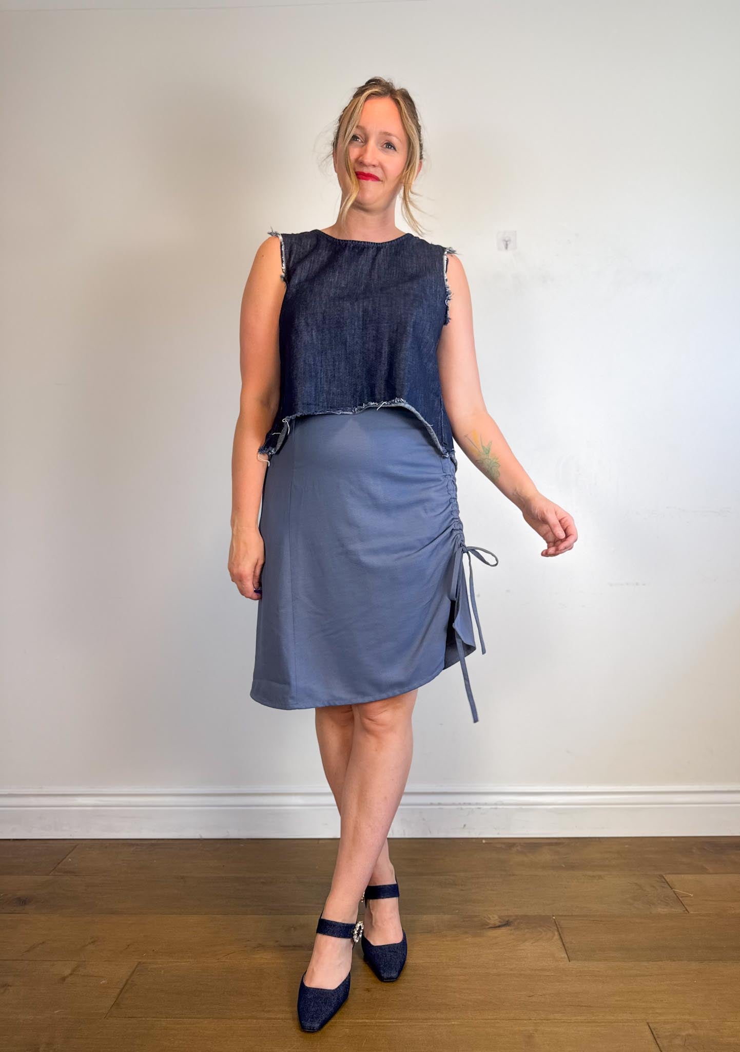 Oak + Fort Ruched Skirt in Blue (Size L)