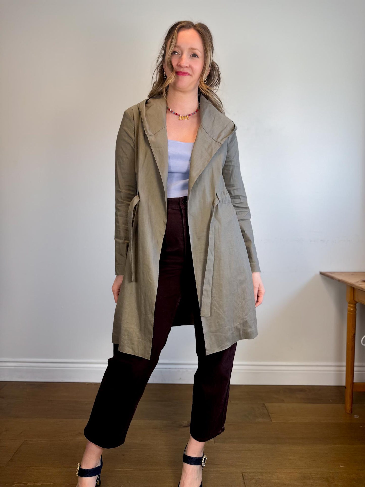 Sarah Pacini Designer Hooded Linen Trench Coat in Grey (Size S/M)