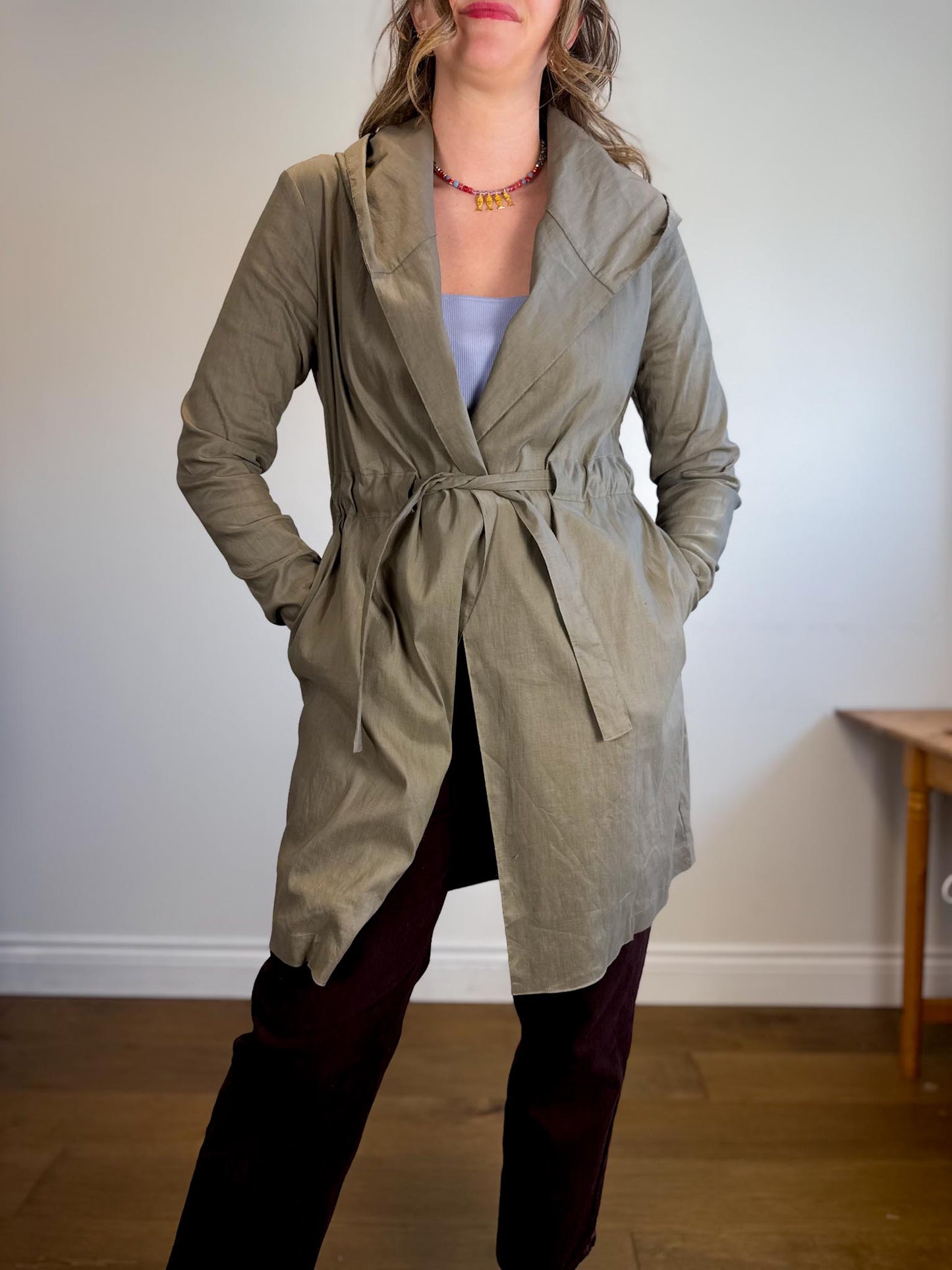 Sarah Pacini Designer Hooded Linen Trench Coat in Grey (Size S/M)