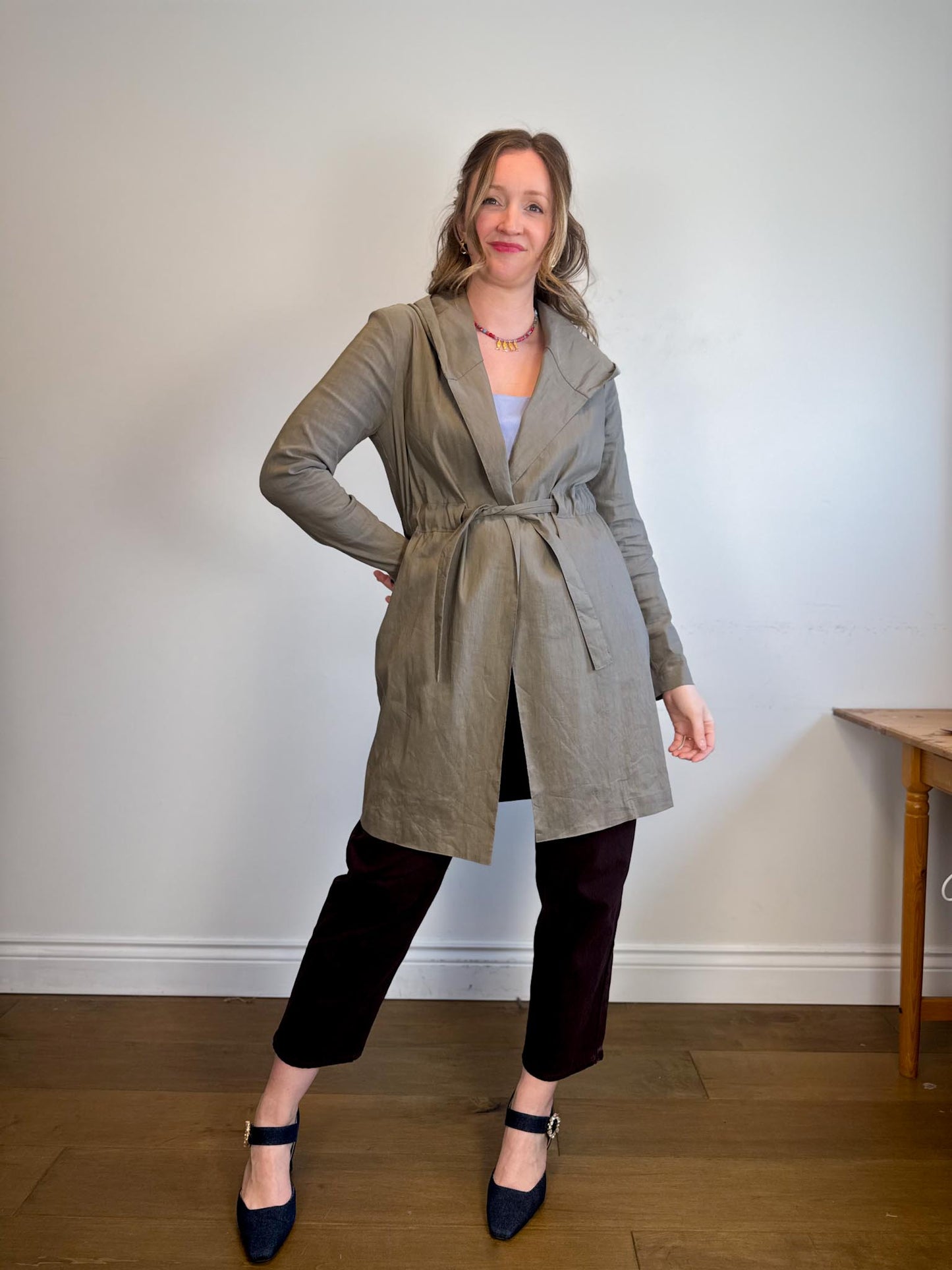 Sarah Pacini Designer Hooded Linen Trench Coat in Grey (Size S/M)