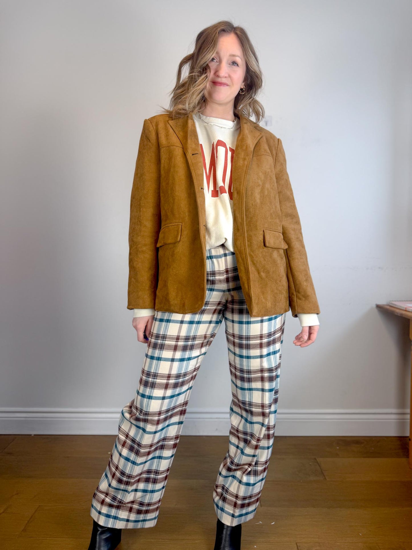 Wilfred Plaid Trousers in White/Brown/Blue (Size 10)