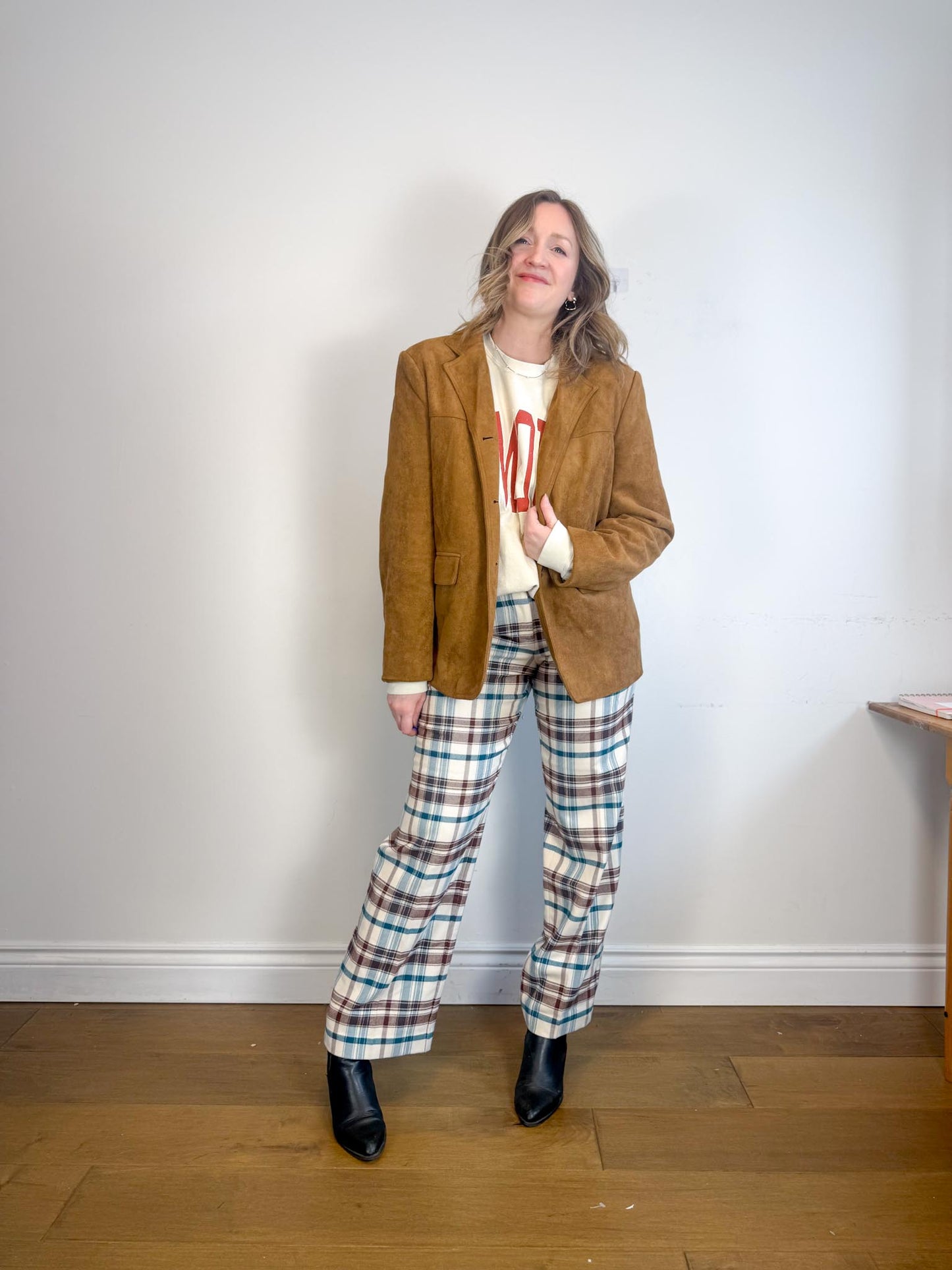 Wilfred Plaid Trousers in White/Brown/Blue (Size 10)