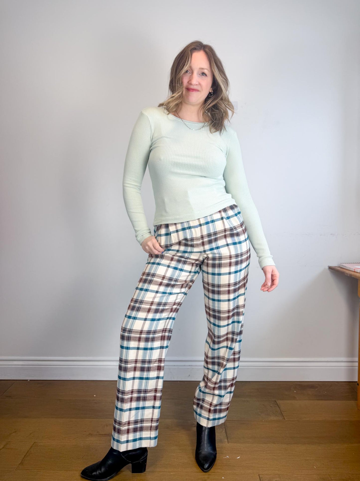 Wilfred Plaid Trousers in White/Brown/Blue (Size 10)
