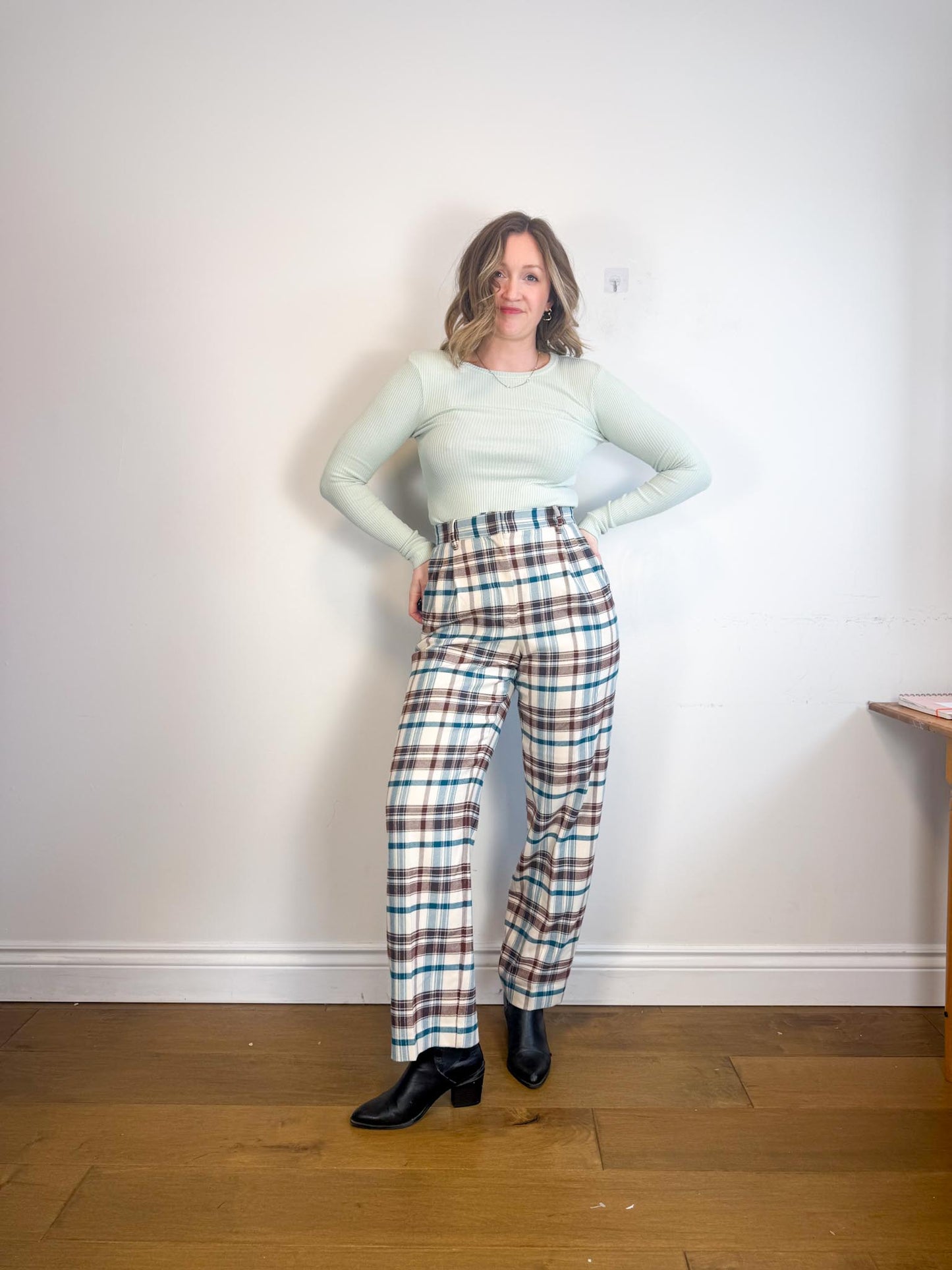 Wilfred Plaid Trousers in White/Brown/Blue (Size 10)
