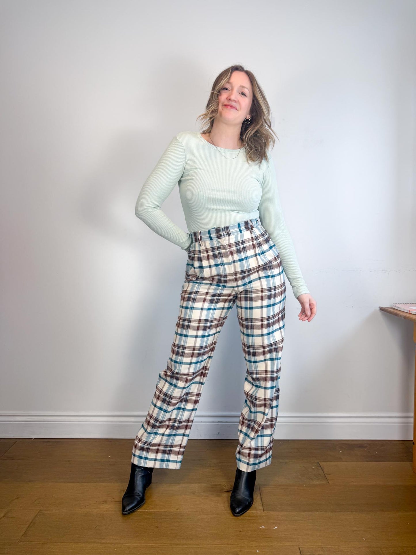 Wilfred Plaid Trousers in White/Brown/Blue (Size 10)