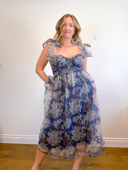 Lulus "Exceptionally Marvelous Blue Floral Organza Bustier Midi Dress" NWT (Size XL)