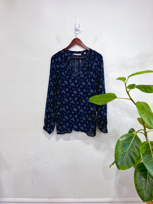 Vince Silk Sheer Floral Blouse in Navy (Size L)