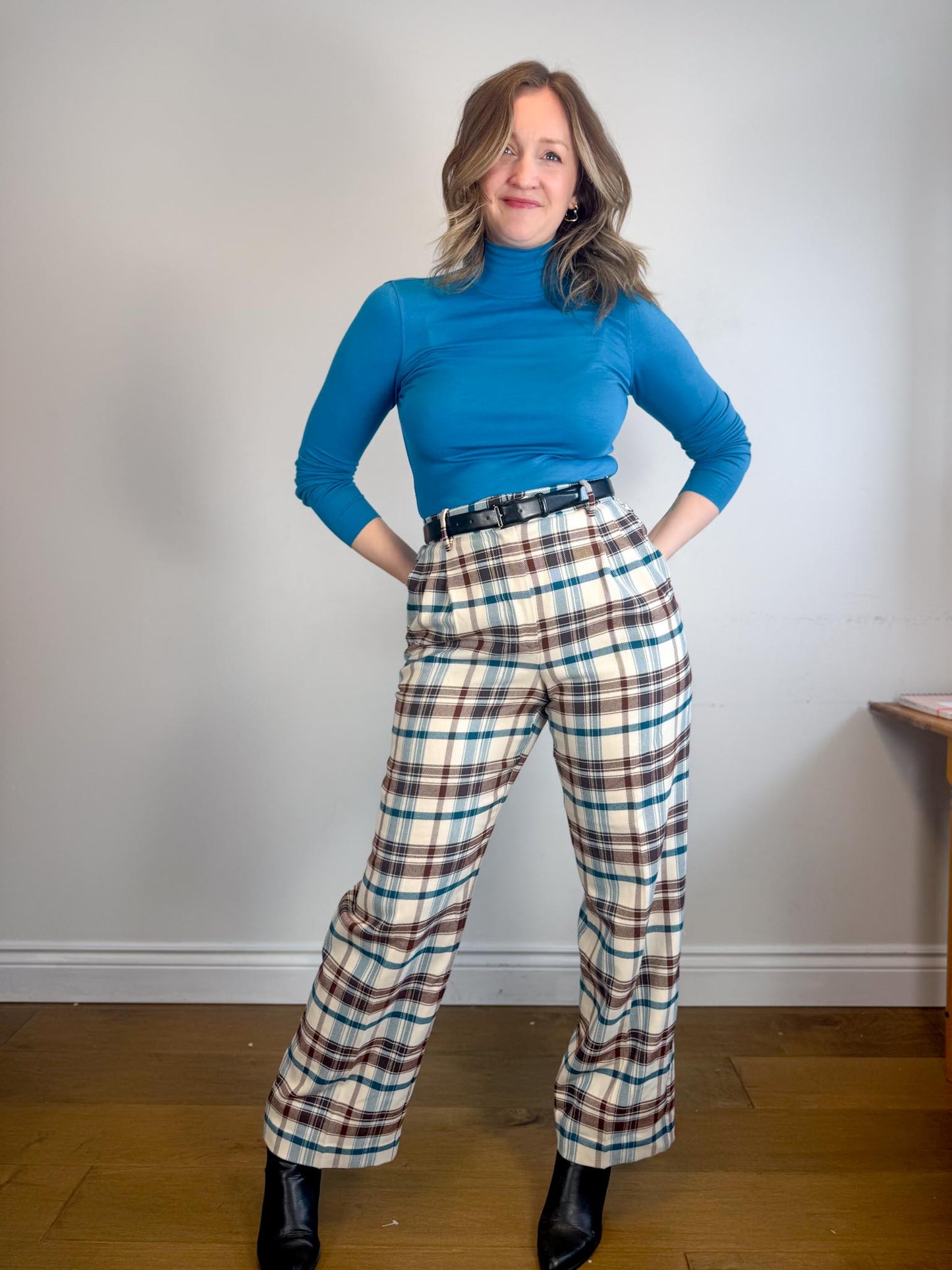 Wilfred Plaid Trousers in White/Brown/Blue (Size 10)