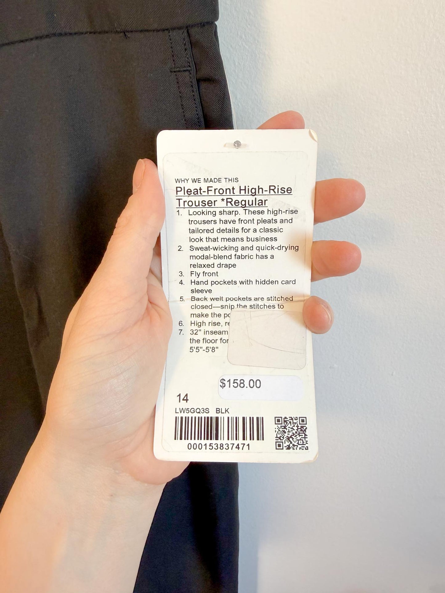 Lululemon "Pleat Front High Rise Trousers in Black" NWT (Size 14)