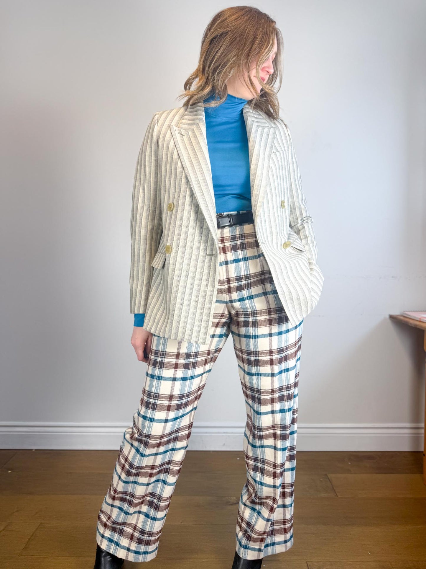 Wilfred Plaid Trousers in White/Brown/Blue (Size 10)