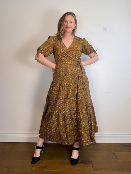 Christy Dawn Sustainable "Dawn Dress in Brown/Yellow Floral Print" (Size XL)