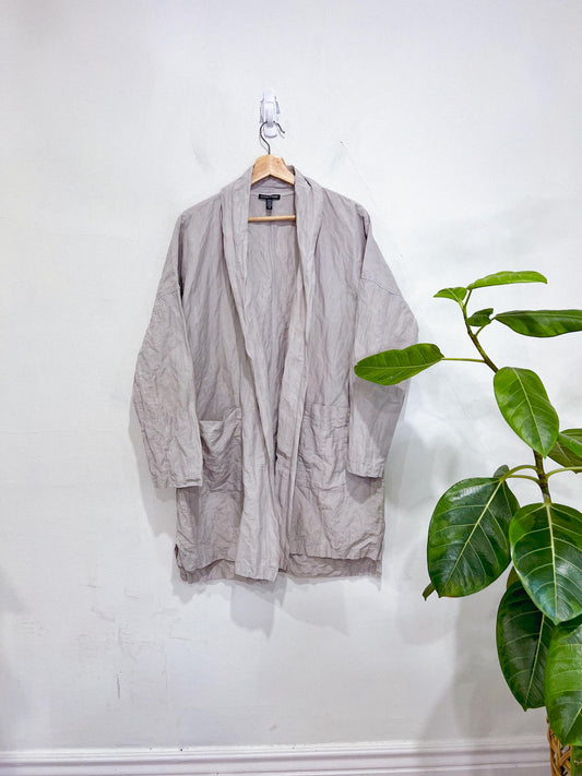 Eileen Fisher Crinkle Long Open Jacket in Grey Bone (Size S/M)
