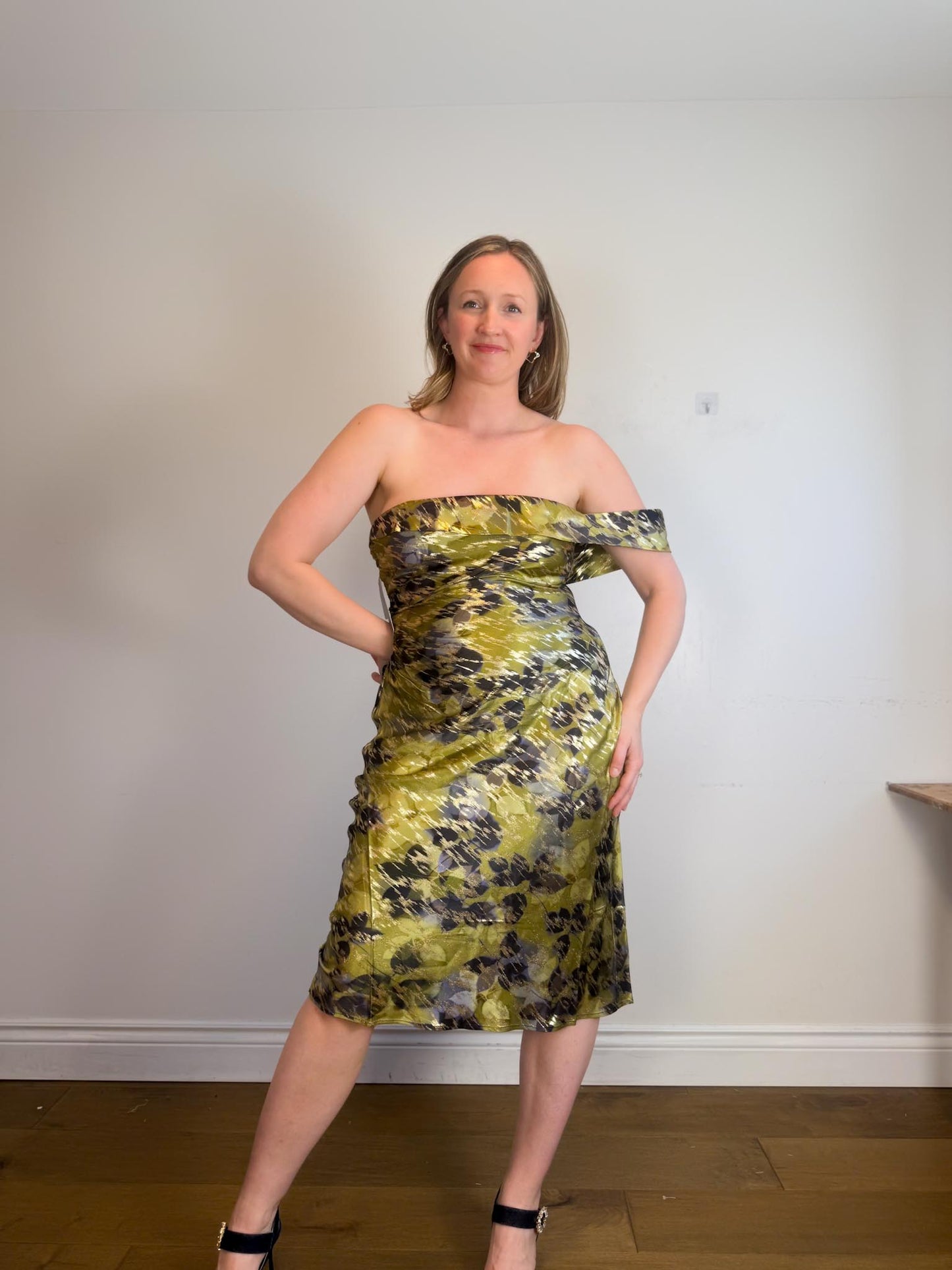 Anthropologie "One-Shoulder Printed Slim Midi Dress in Green/Gold" NWT (Size XL)